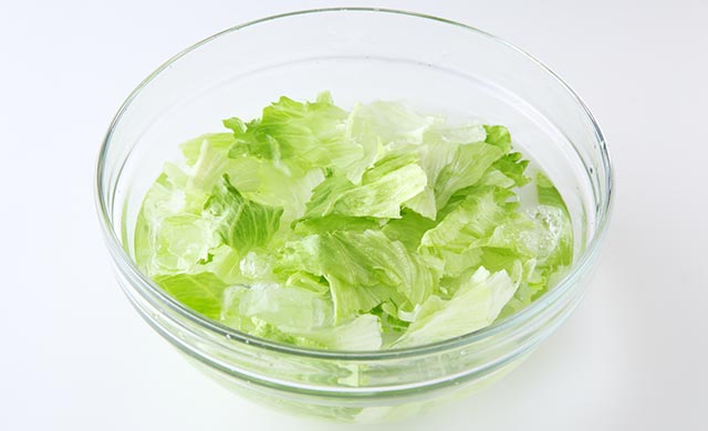 レタスを水につけている写真
