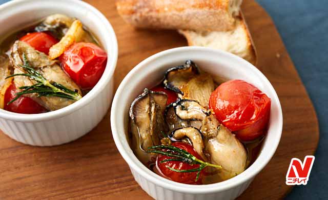 えびとマッシュルームのアヒージョの写真