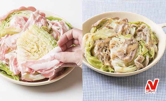 冷凍キャベツの上に豚肉薄切りをのせている写真と豚肉とキャベツの重ね蒸しの写真